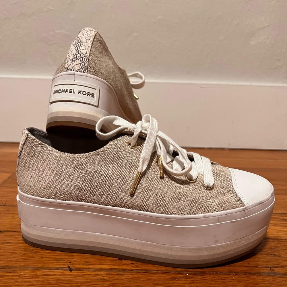 Michael Kors Canvas Lace-up Beige Platform Sneakers
